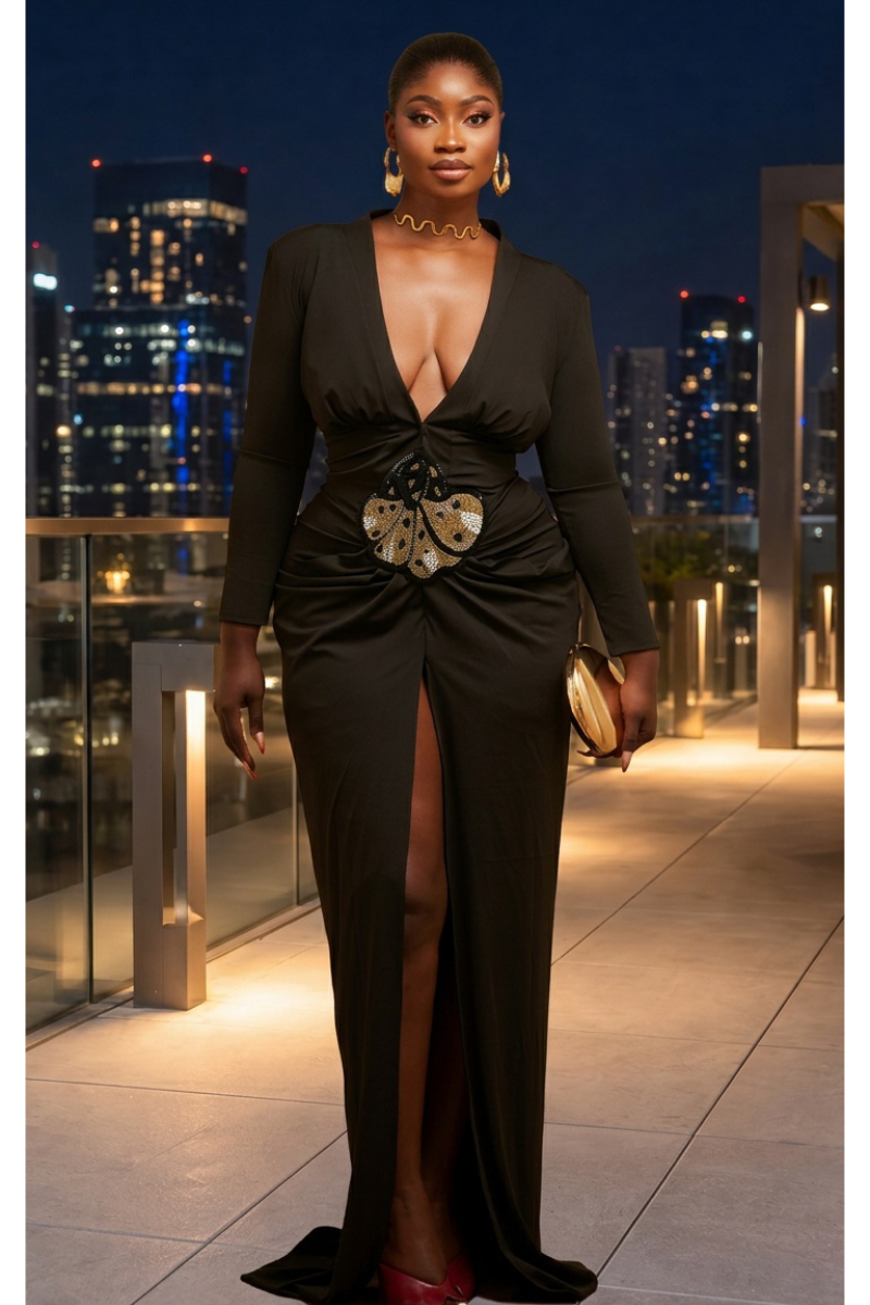 Noir Goddess Embellished Maxi Dress