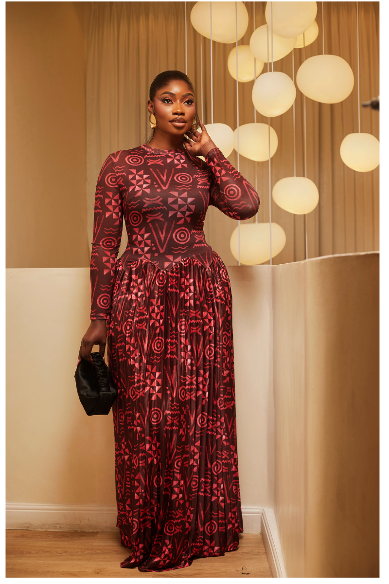 Zuri Tribal Pleated Maxi Dress