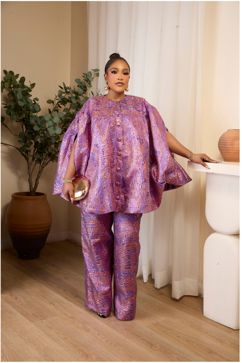ADAEZE LUXE METALLIC CAPE TOP & WIDE-LEG PANT SET – SILVER & LILAC