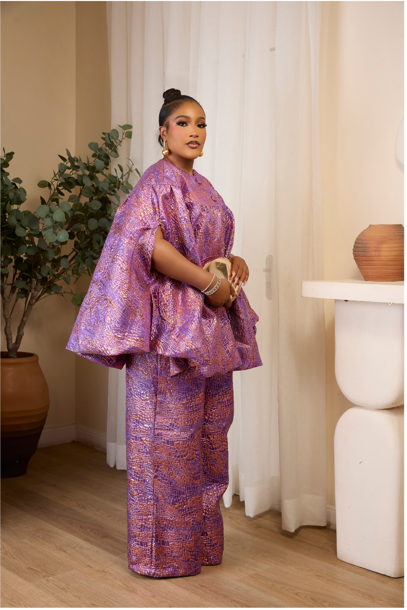 ADAEZE LUXE METALLIC CAPE TOP & WIDE-LEG PANT SET – SILVER & LILAC