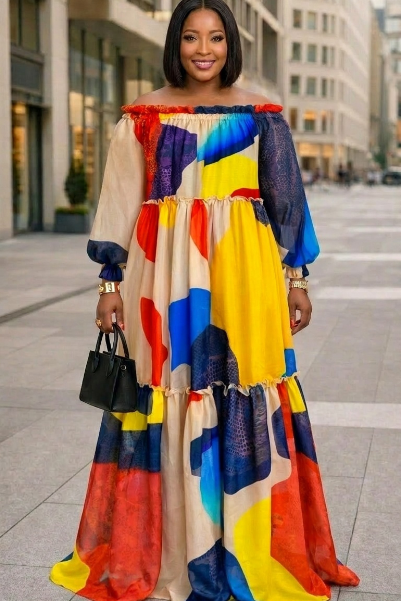 Vibrant Color block Off-Shoulder Maxi Dress