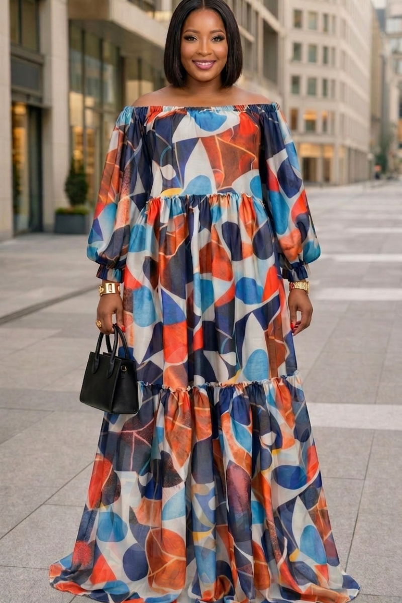 Abstract Print Off-Shoulder Maxi Dress