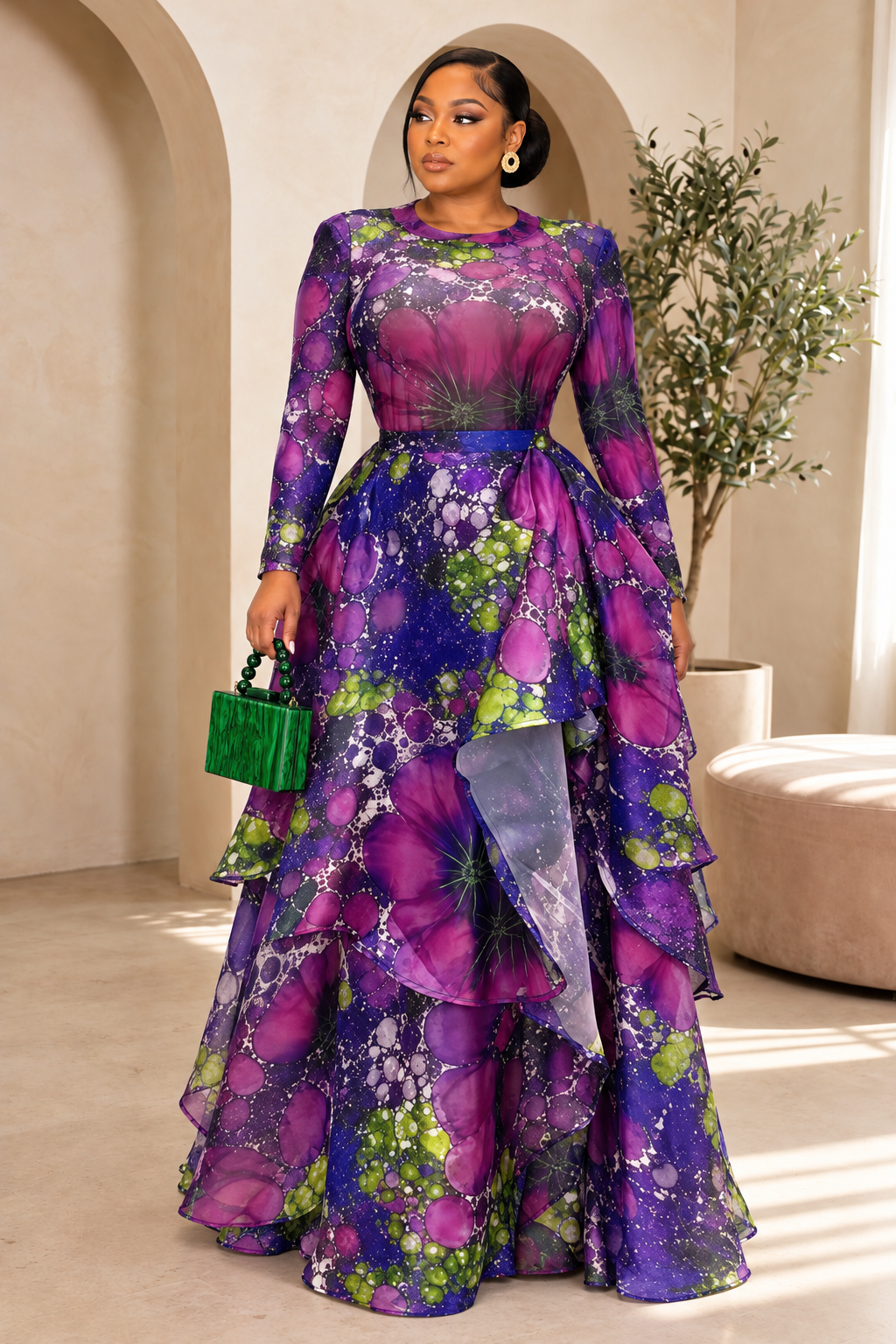 GENEVIEVE LUXE FLORAL RUFFLE SKIRT & TOP SET – GREEN & PURPLE