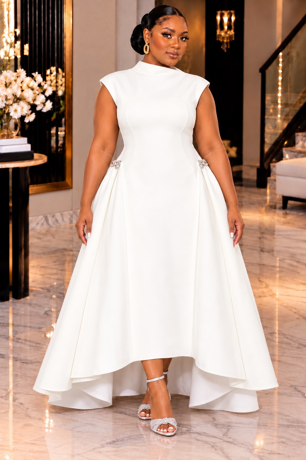 RIHANNA LUXE SCULPTURAL HIGH-LOW MAXI DRESS – BLACK & WHITE