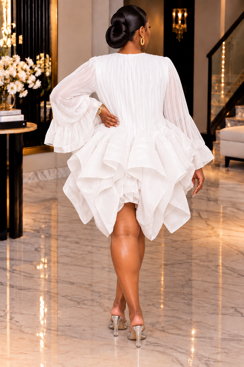 QUEEN KAY LUXE SCULPTURAL RUFFLE MINI DRESS – WHITE & GOLD