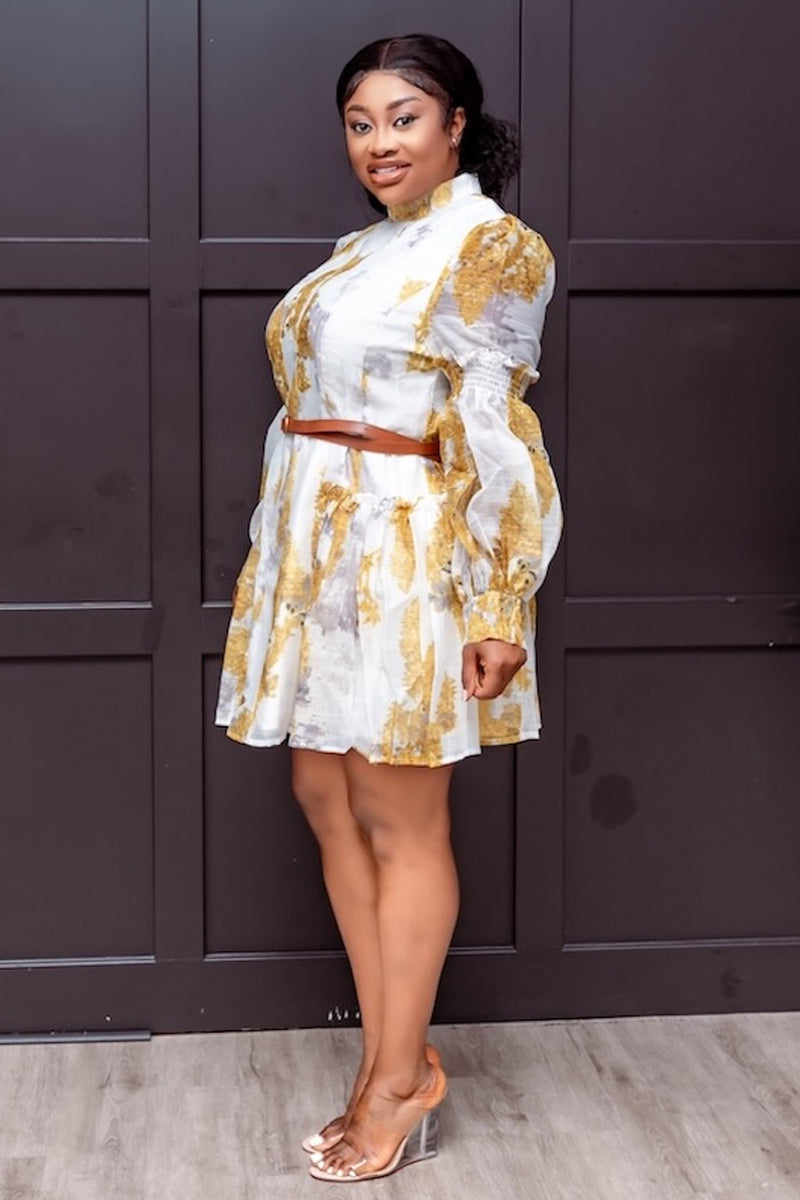 Golden Bloom Puff Sleeve Mini Dress