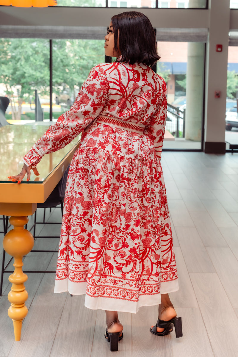 Regal Red & White Print Midi Dress