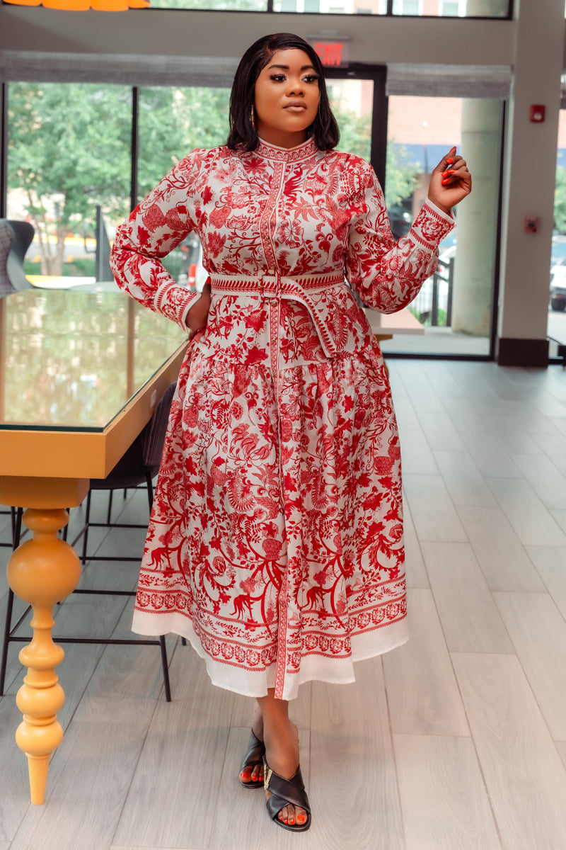 Regal Red & White Print Midi Dress