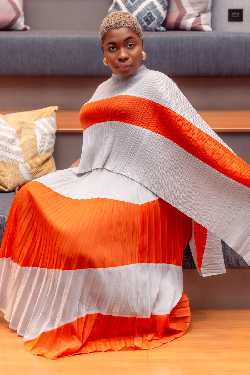 Vibrant Pleats Miyake Skirt & Top Set /Orange &Pink Multi / Off White& Beige