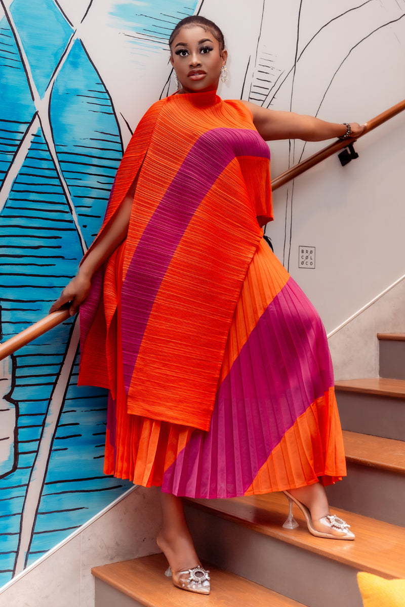 Vibrant Pleats Miyake Skirt & Top Set /Orange &Pink Multi / Off White& Beige