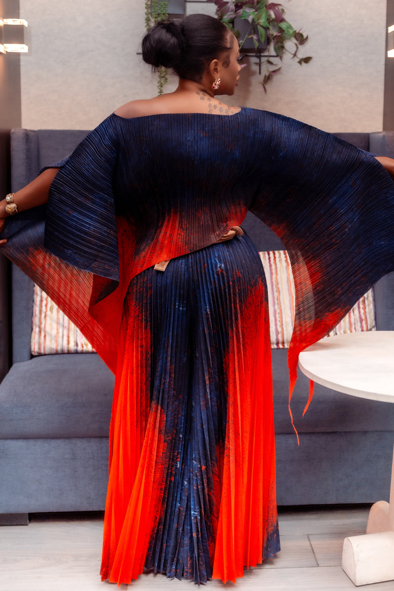 🔥 Vanessa Pleated Miyake Set | Navy & Fiery Red