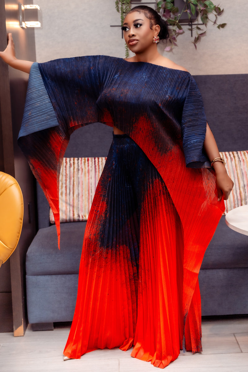 🔥 Vanessa Pleated Miyake Set | Navy & Fiery Red