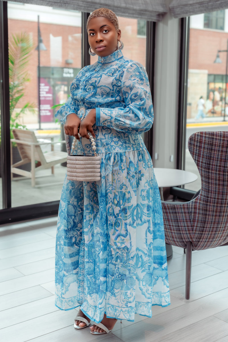 Blue Elegance Sheer Maxi Dress