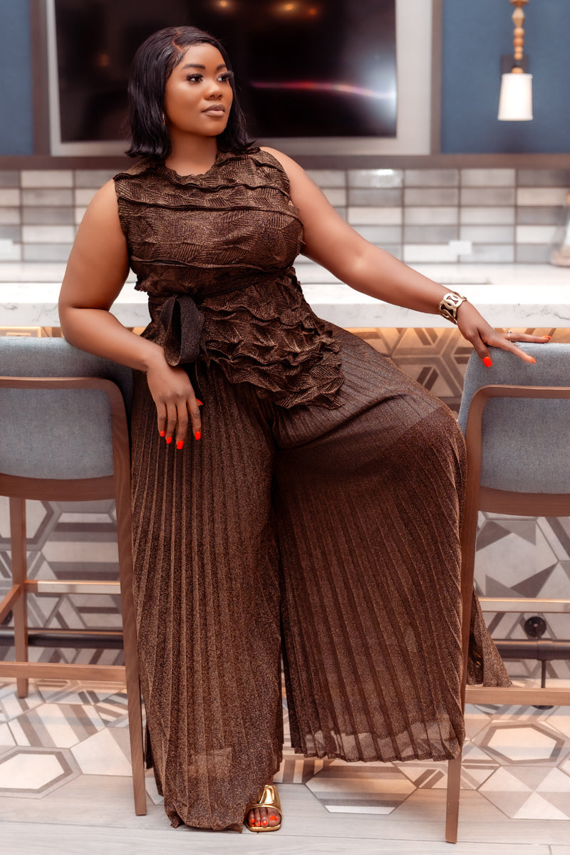 Chic Pleated Miyake Pant & Top Set | Bronze