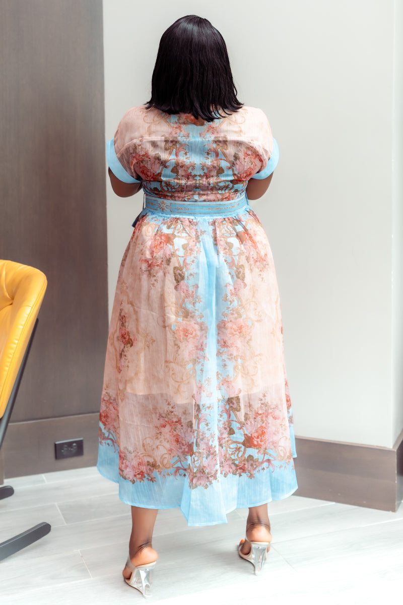 Blossom Elegance Belted Midi Dress