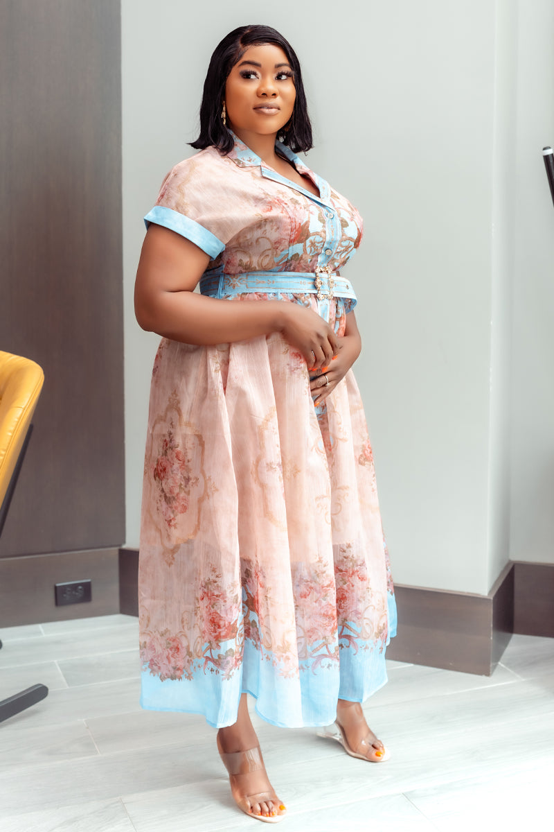 Blossom Elegance Belted Midi Dress