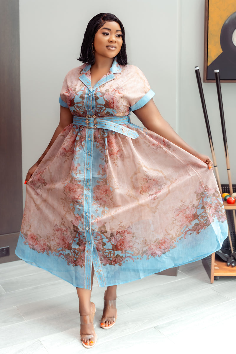 Blossom Elegance Belted Midi Dress