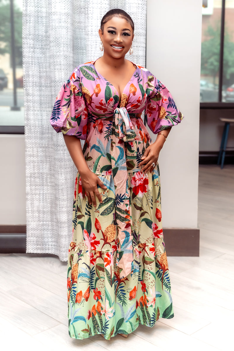 Tropical Bliss Tie-Front Maxi Dress
