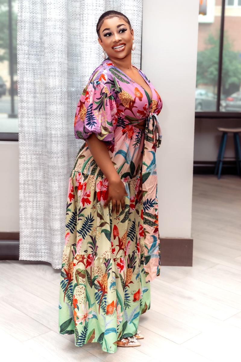 Tropical Bliss Tie-Front Maxi Dress