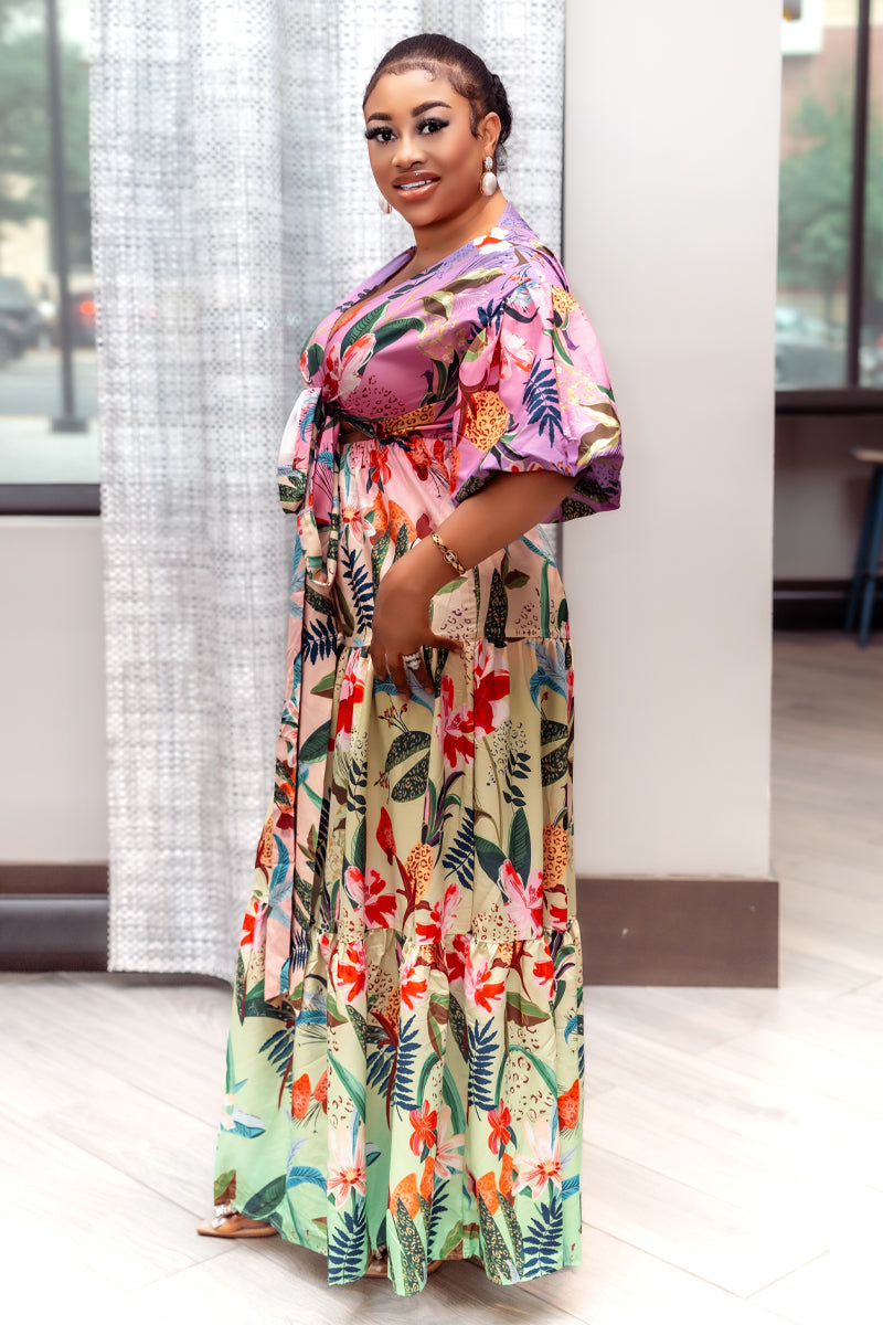 Tropical Bliss Tie-Front Maxi Dress