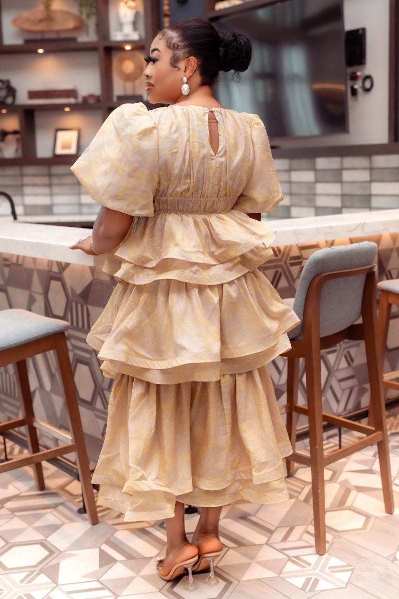 Golden Aura Ruffle Maxi Dress