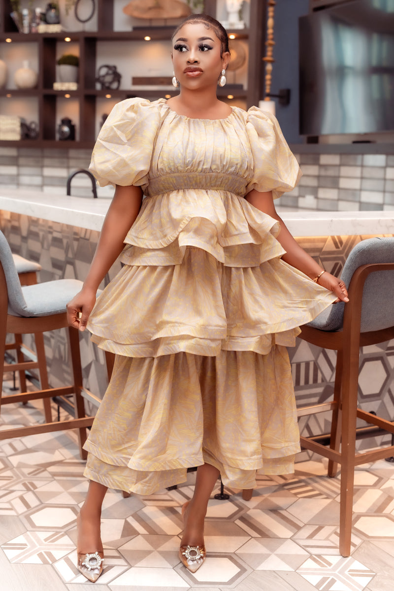 Golden Aura Ruffle Maxi Dress