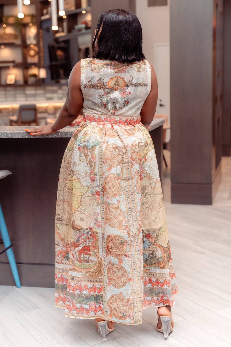 Vintage Map Print Maxi Dress