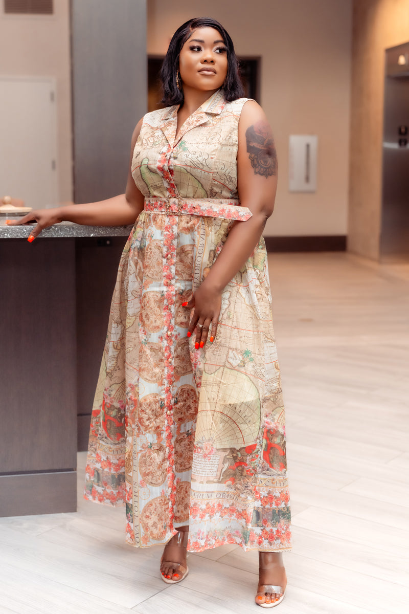 Vintage Map Print Maxi Dress