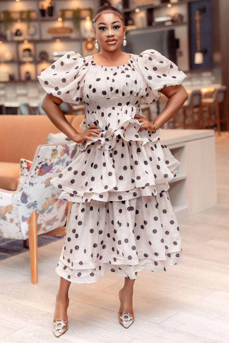 polka dot maxi dress with sleeves Tiered Fit: MAIN RANGE The elasticated back with Lunya - Washable Silk Color:As Picture (Yellow)