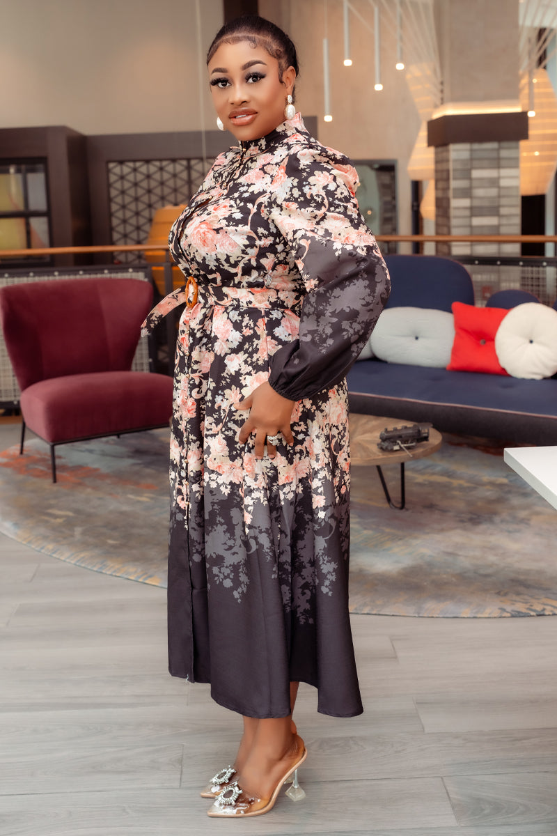 Midnight Blossom Belted Midi Dress