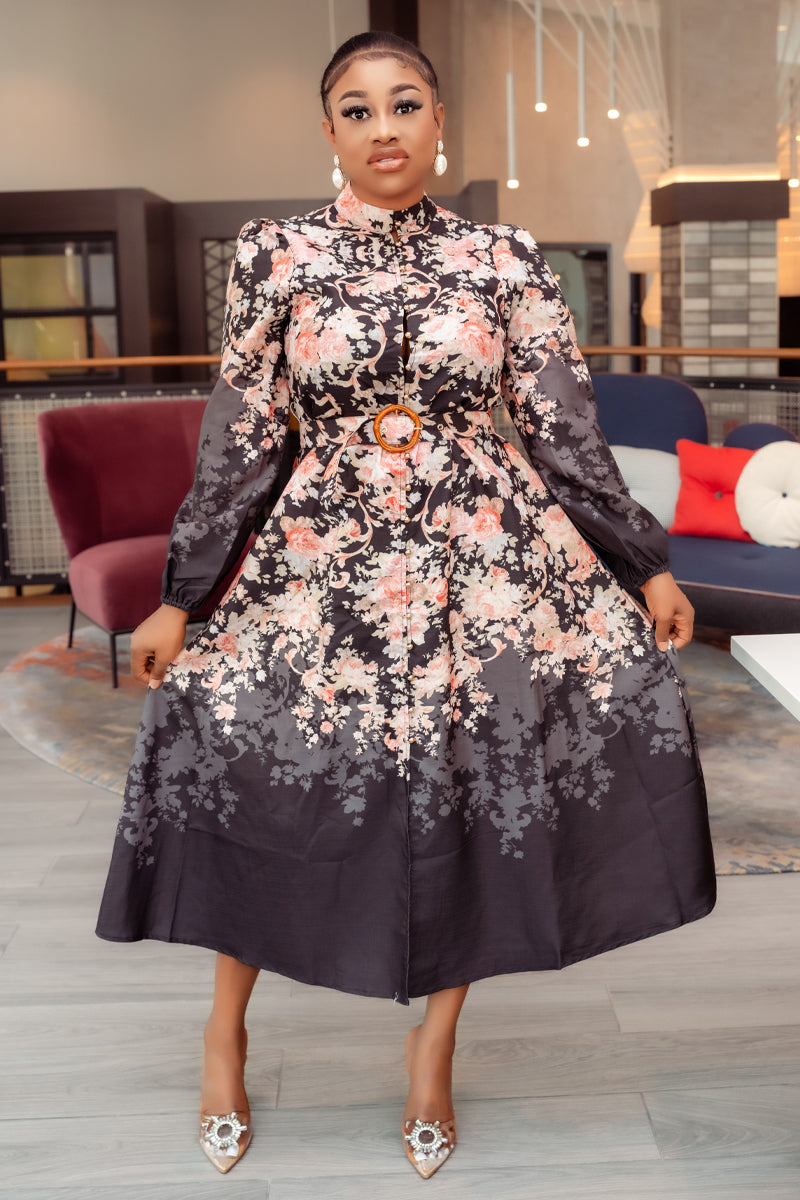 Midnight Blossom Belted Midi Dress
