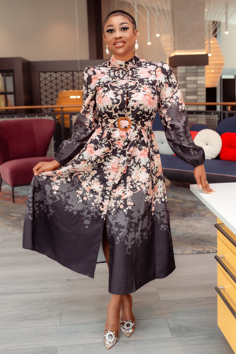 Midnight Blossom Belted Midi Dress