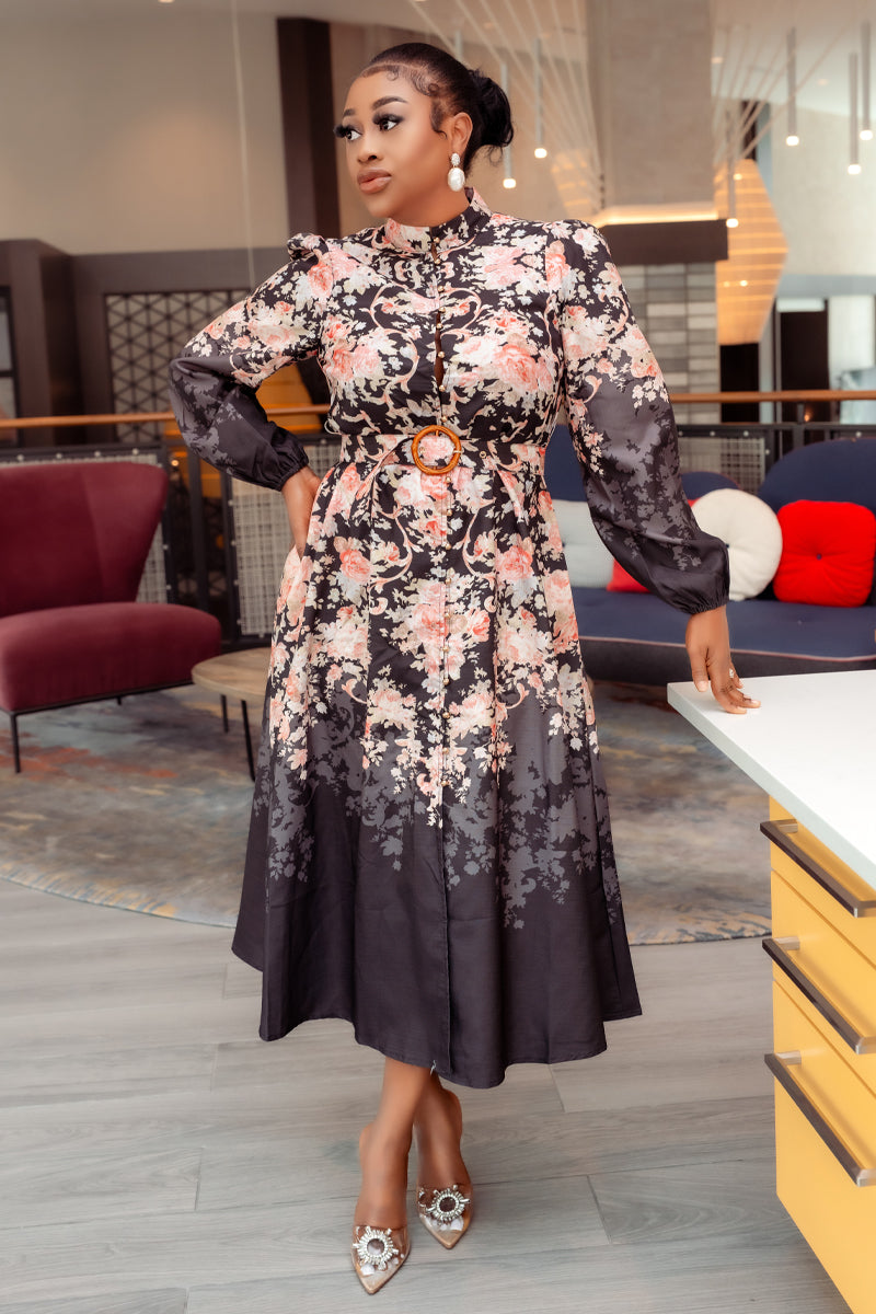 Midnight Blossom Belted Midi Dress