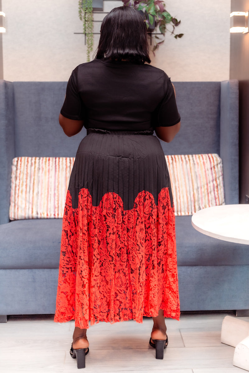 Ruby Elegant Black & Red Lace Skirt & Top Set