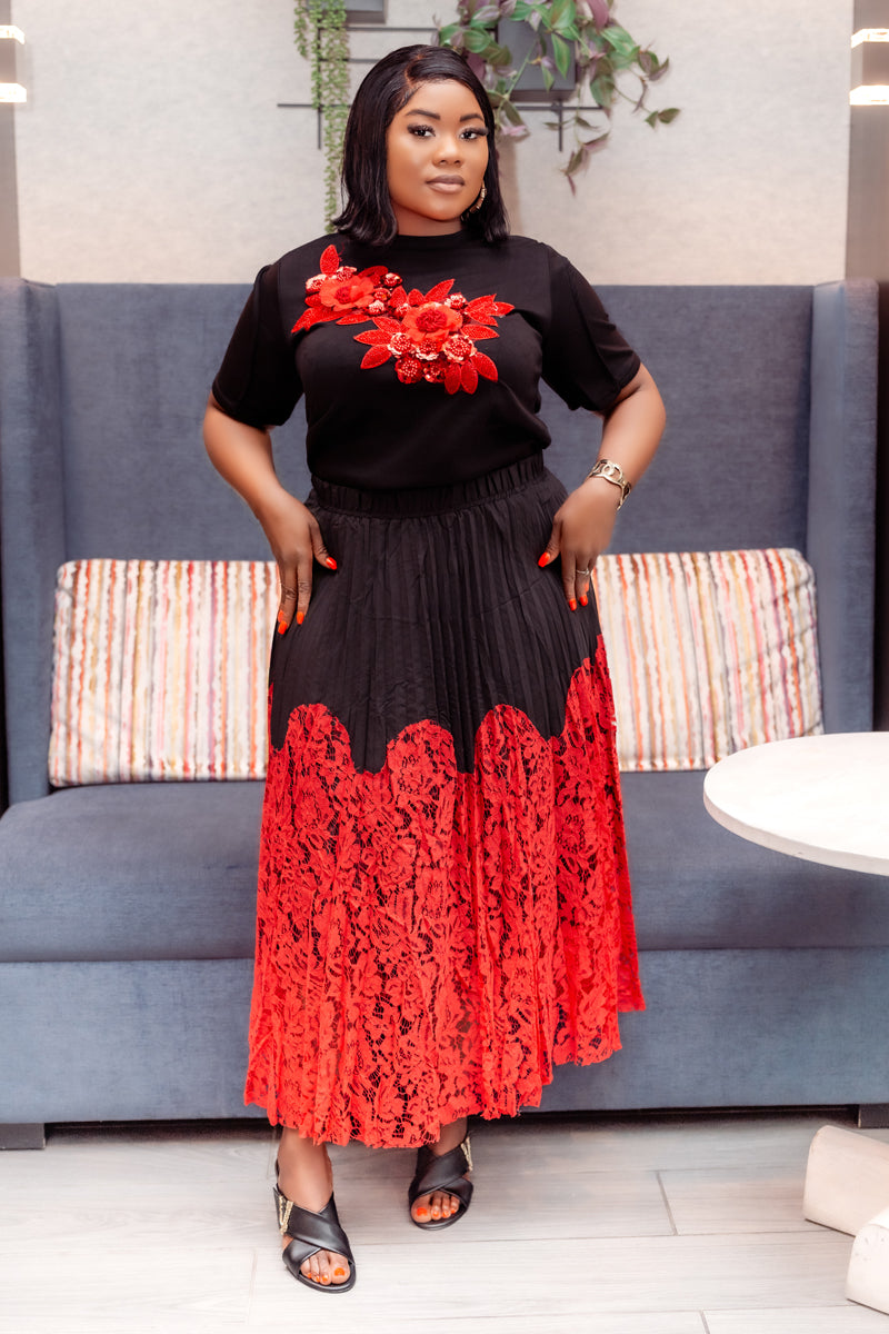 Ruby Elegant Black & Red Lace Skirt & Top Set