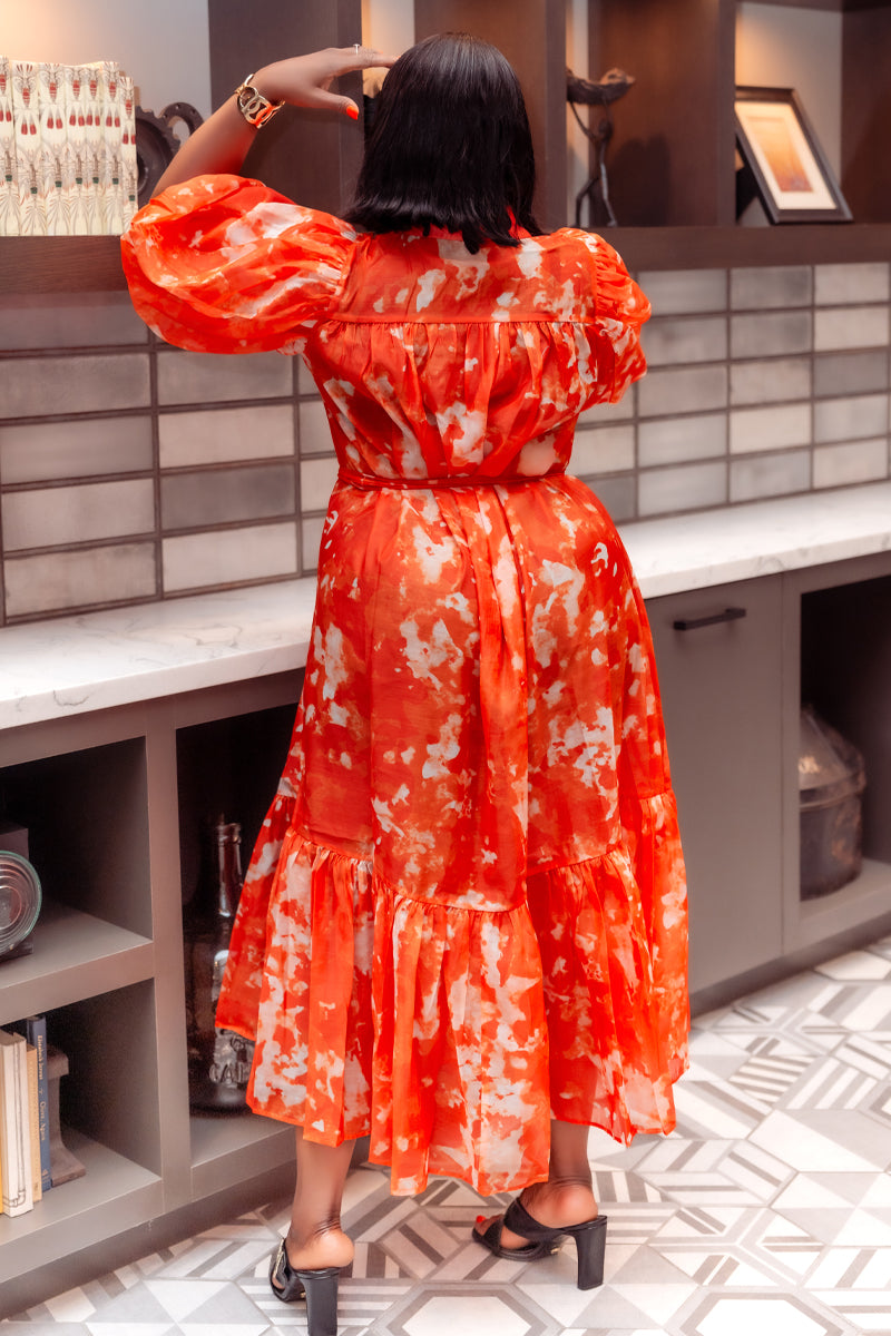 Fiery Bloom Button-Down Midi Dress