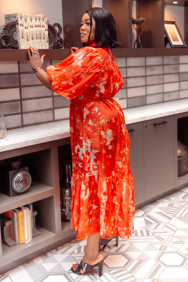 Fiery Bloom Button-Down Midi Dress