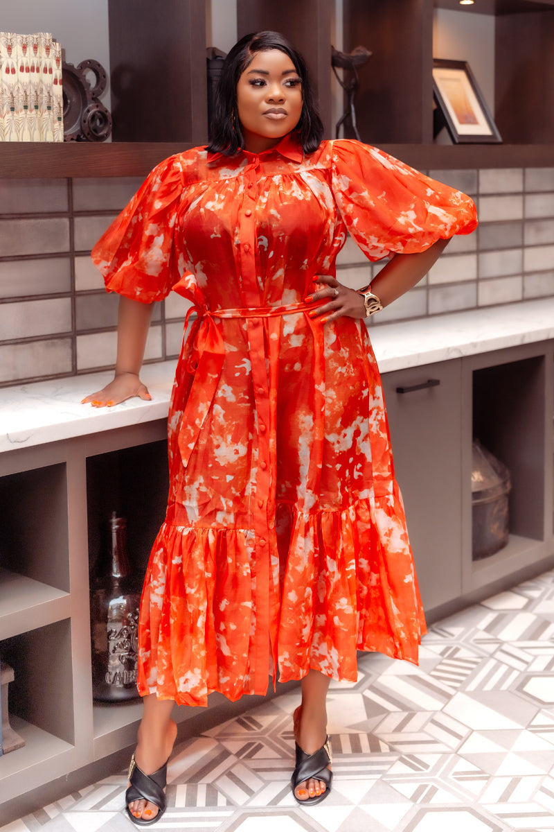Fiery Bloom Button-Down Midi Dress