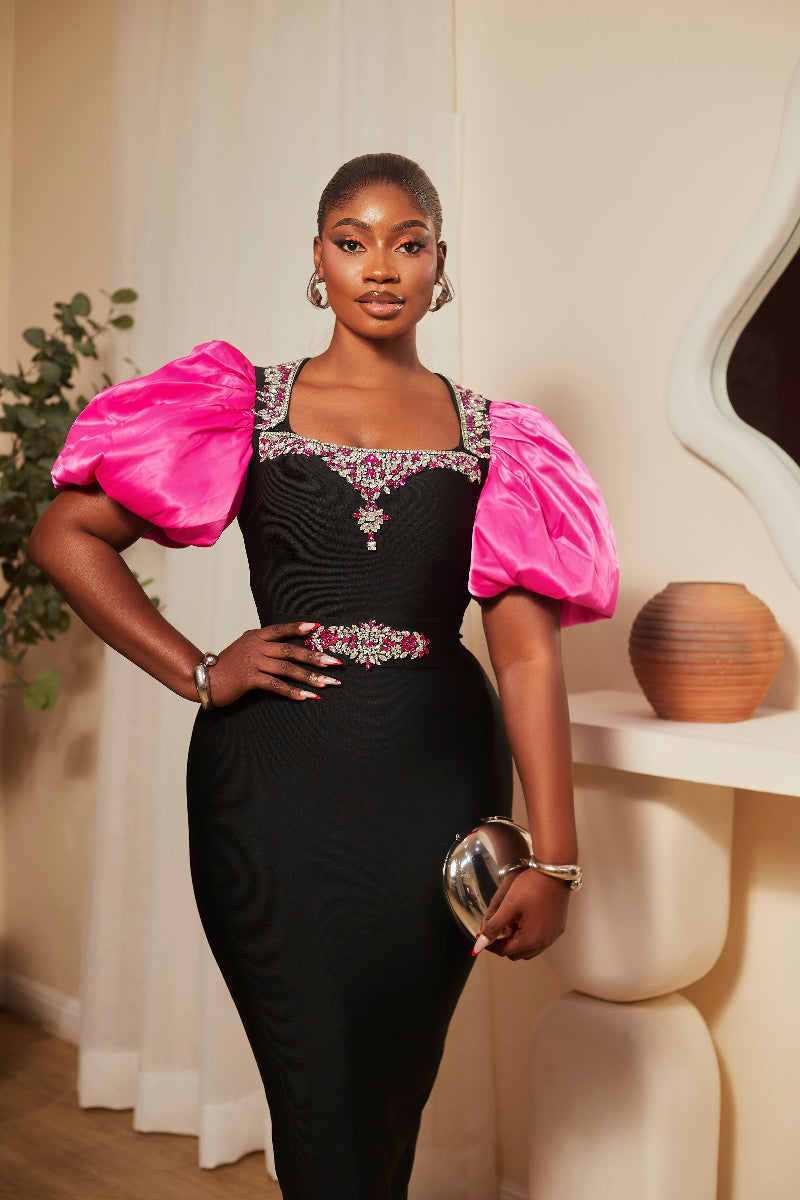“Zaria Luxe Embellished Midi Dress”