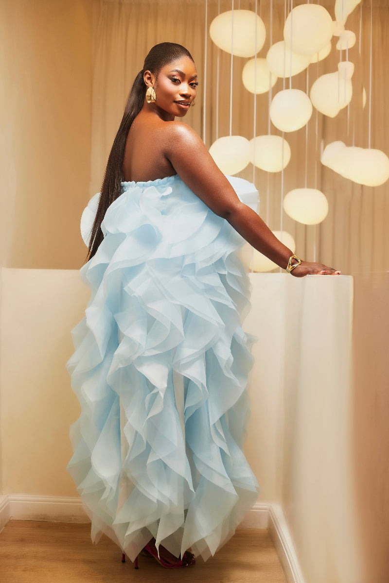 Nia Sky Blue Ruffle One-Shoulder Maxi Dress