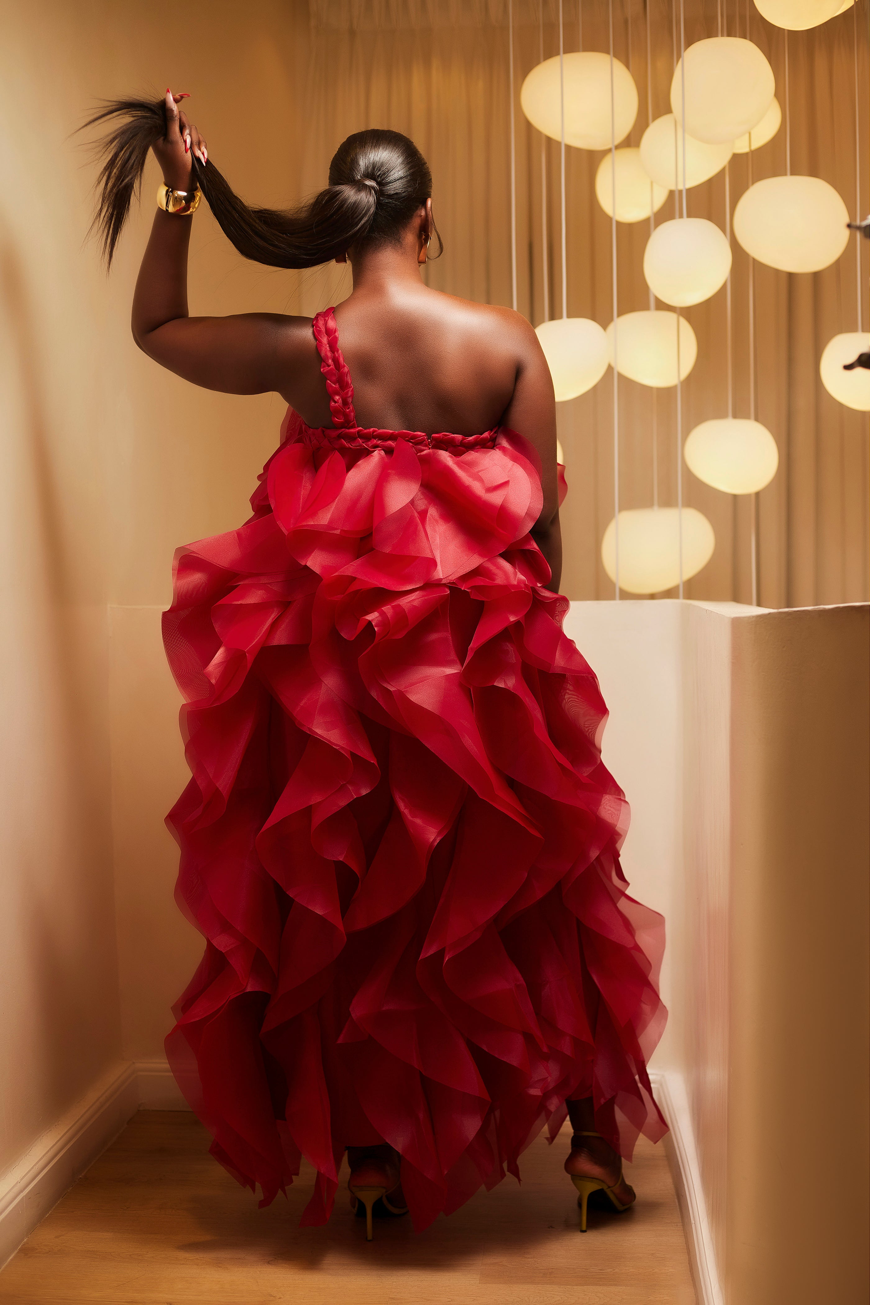 Nia Scarlet Ruffle One-Shoulder Maxi Dress