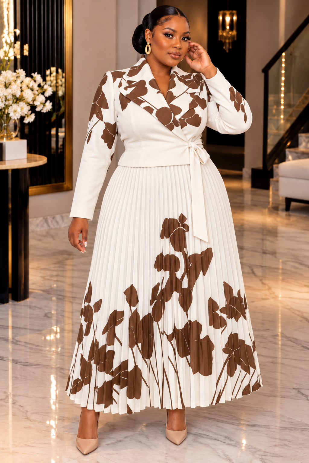 MAYA MEYIKE LUXE FLORAL PLEATED SKIRT SET