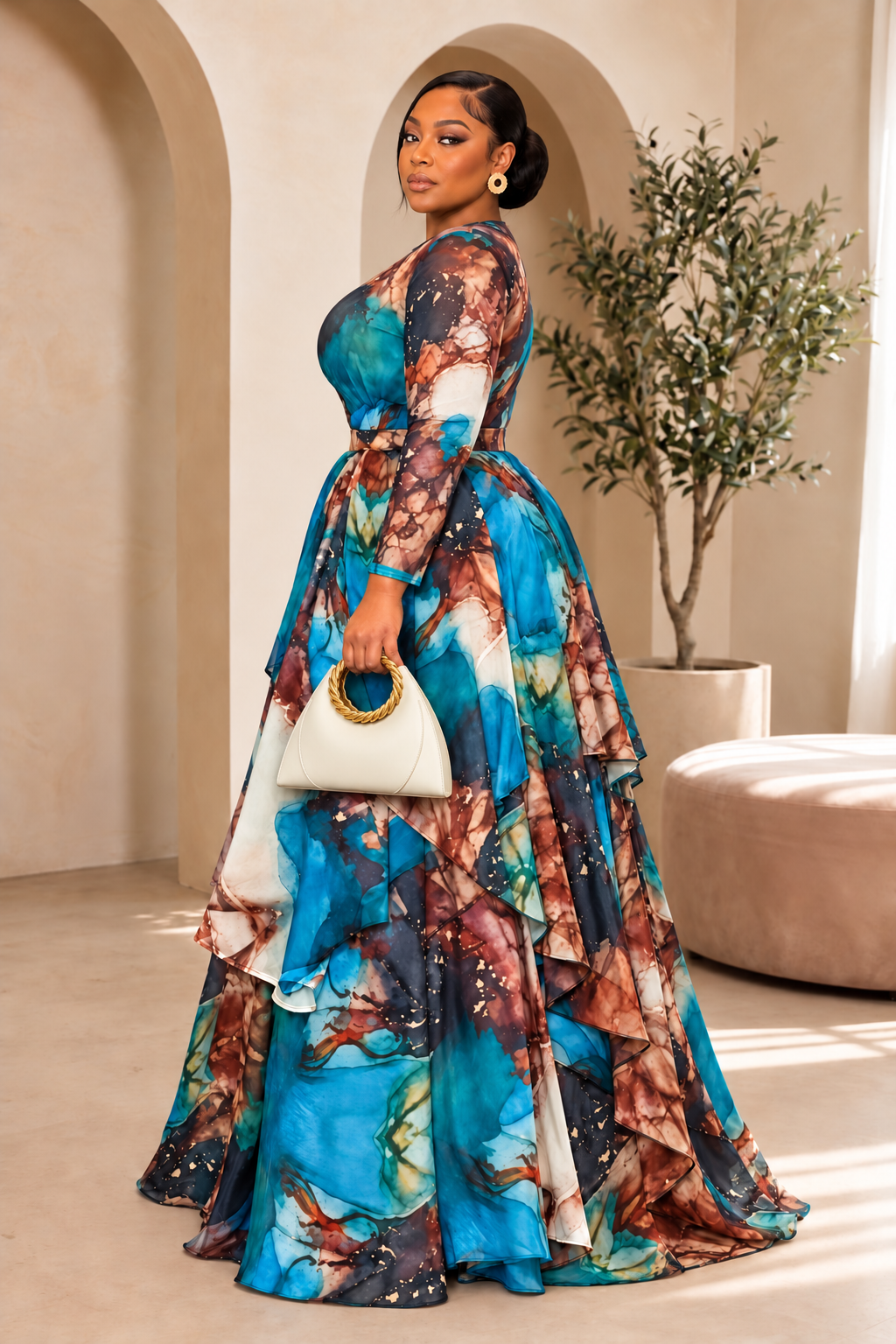 GENEVIEVE LUXE ABSTRACT RUFFLE SKIRT & TOP SET – TURQUOISE BLUE & ORANGE