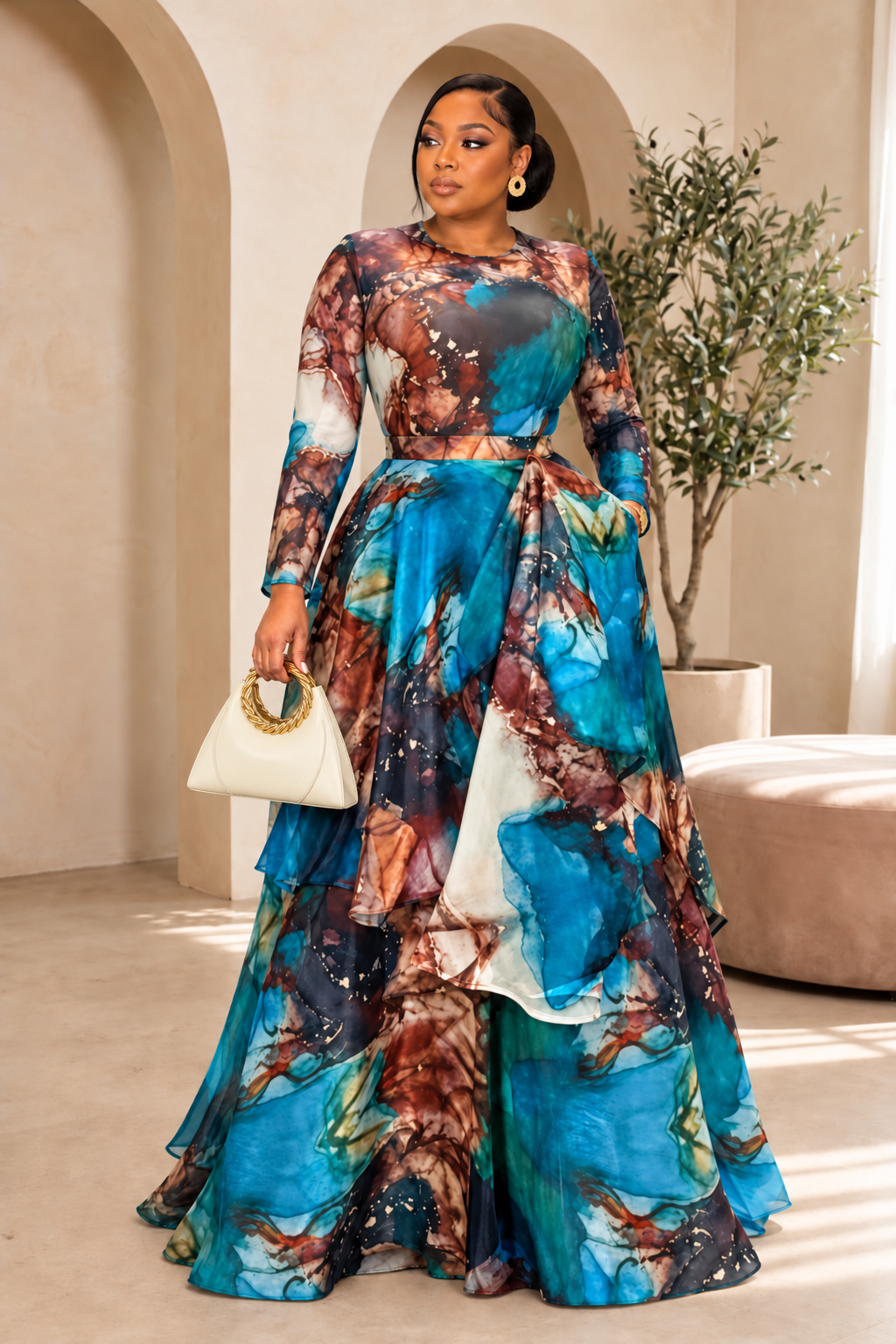 GENEVIEVE LUXE ABSTRACT RUFFLE SKIRT & TOP SET – TURQUOISE BLUE & ORANGE