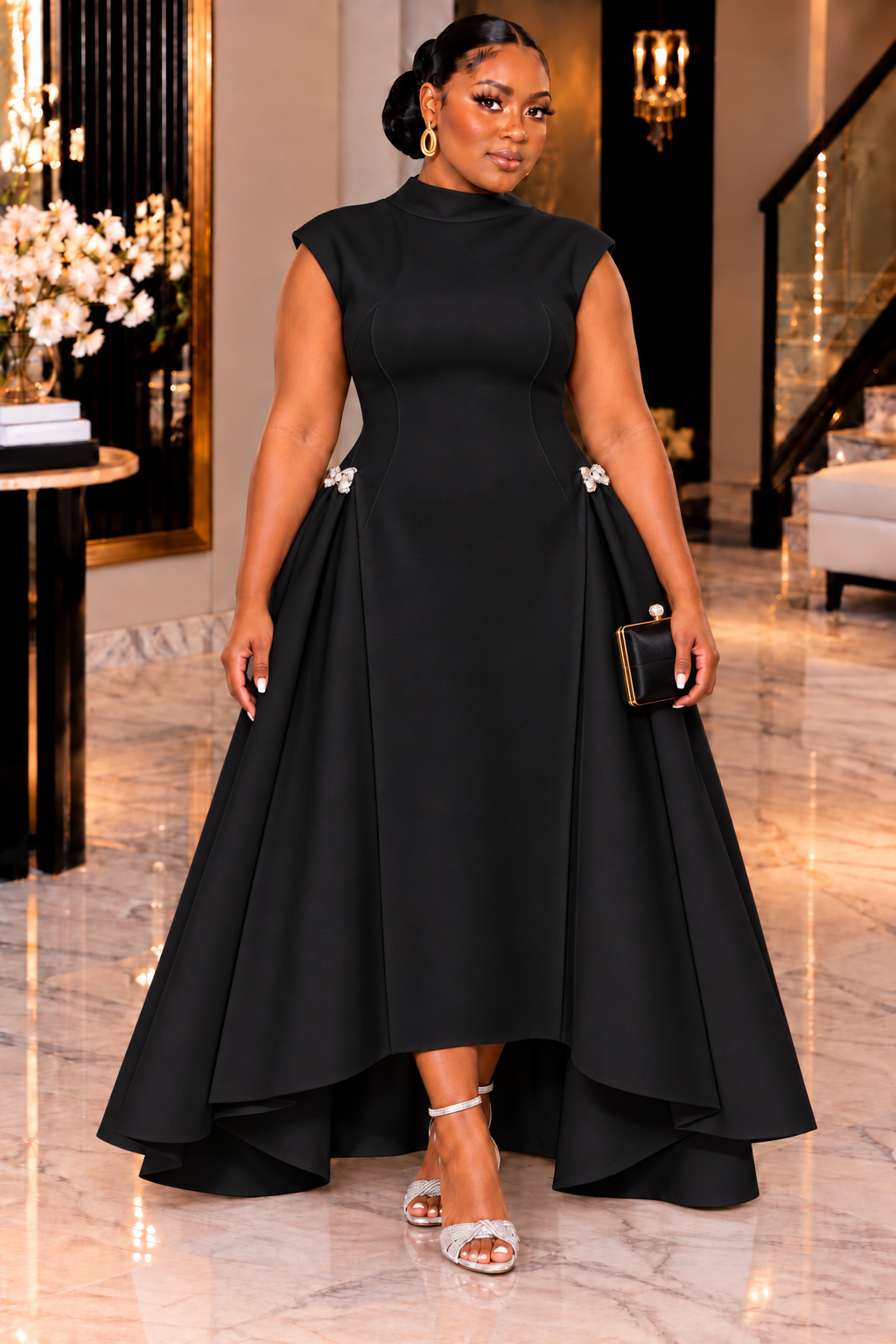 RIHANNA LUXE SCULPTURAL HIGH-LOW MAXI DRESS – BLACK & WHITE