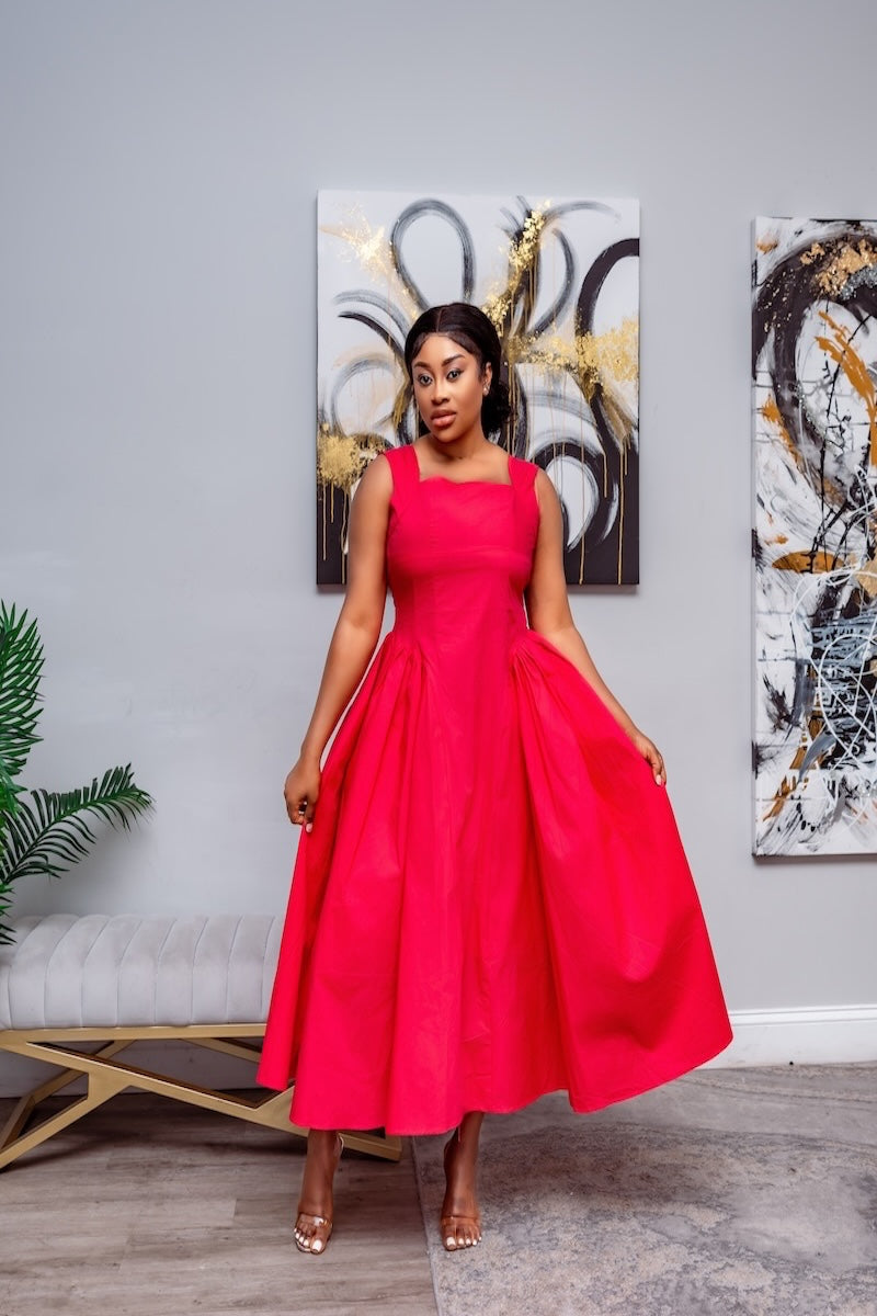 "Ruby Radiance" Structured Midi Dress-Hot Pink
