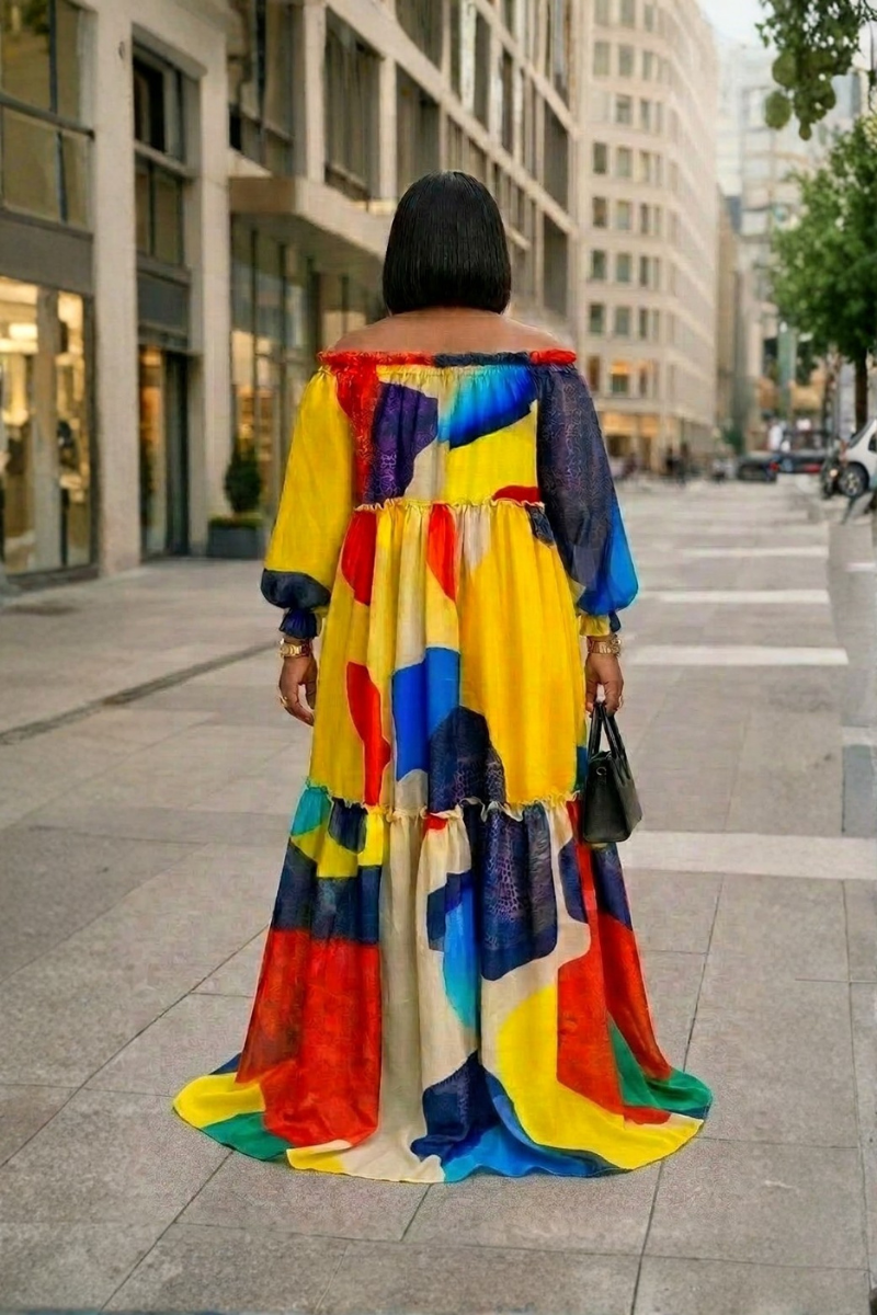 Vibrant Color block Off-Shoulder Maxi Dress