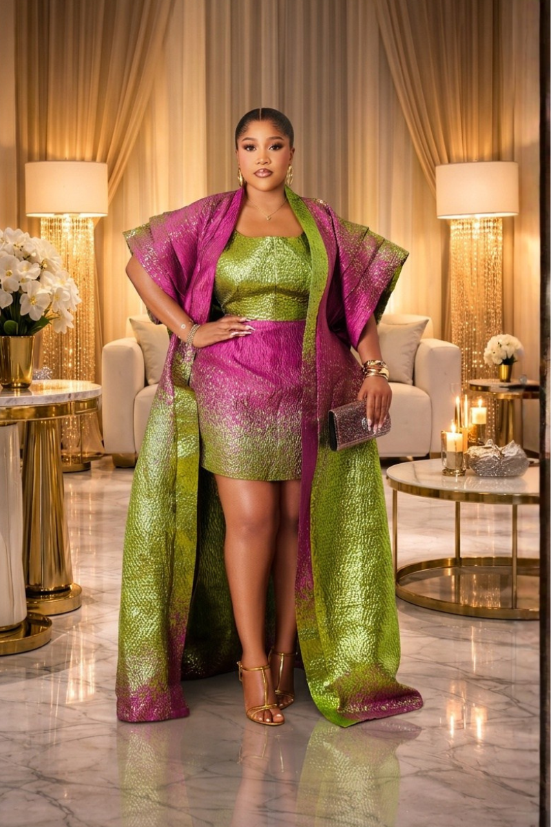Zaria Luxe Brocade Dress & Kimono Set