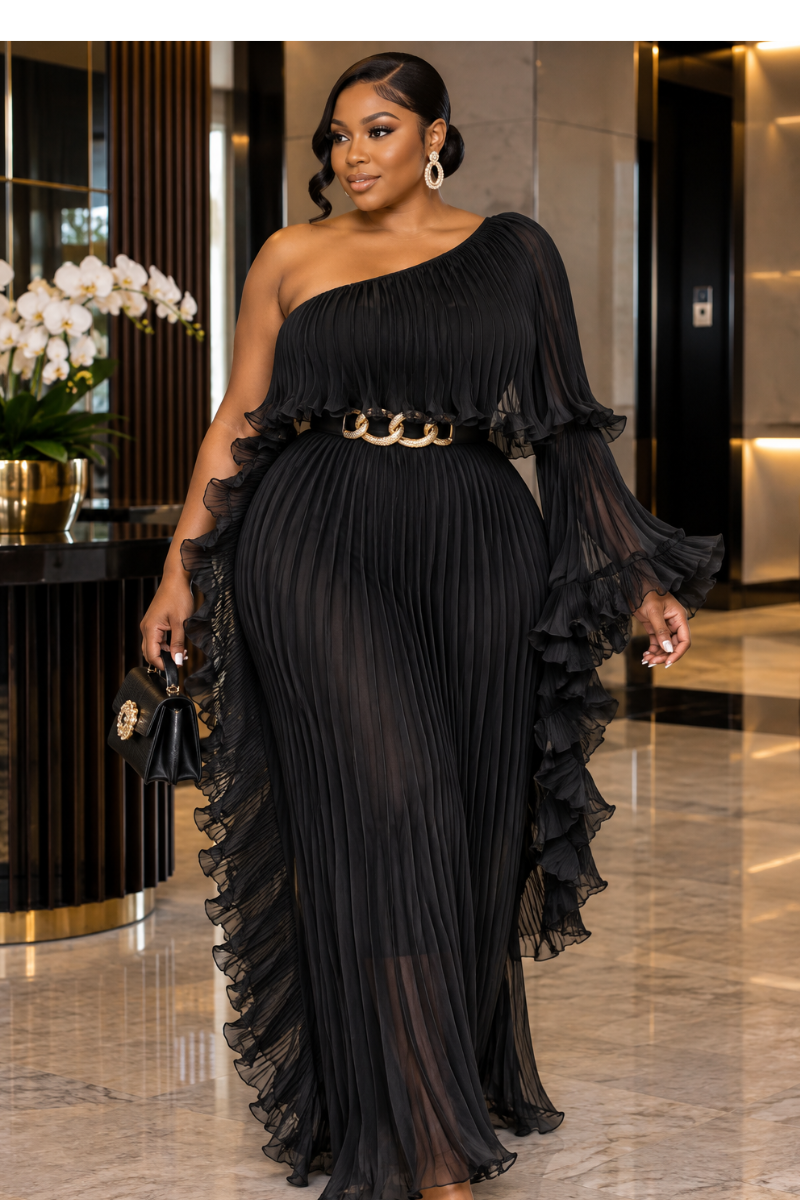 Midnight Elegance Pleated Miyake Dress – Black