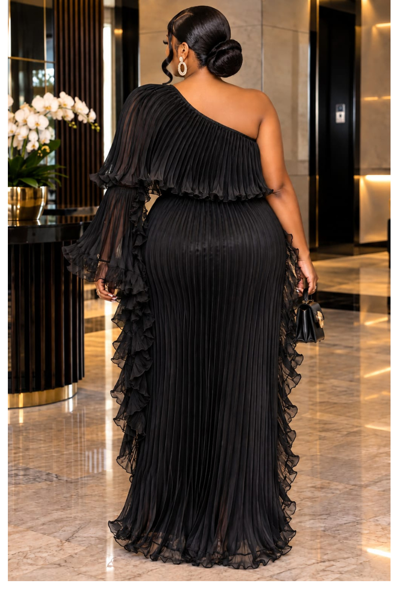 Midnight Elegance Pleated Miyake Dress – Black